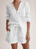 white cotton short set with long sleeve shirt